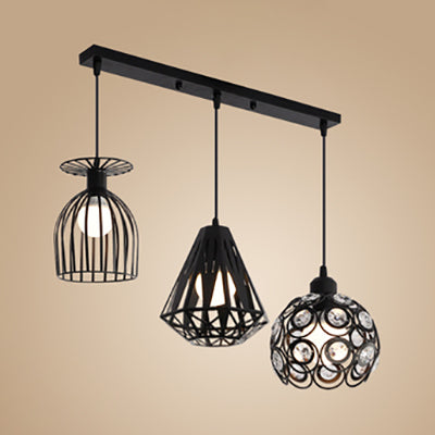 Loft Style Suspended Caged Metal Ceiling Fixture With 3 Lights And Shades In Black/White - Perfect