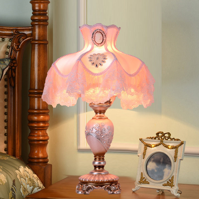 Korean Pink Flower Vase Table Lamp: Elegant Resin Design Nightstand Light With Lace Trim