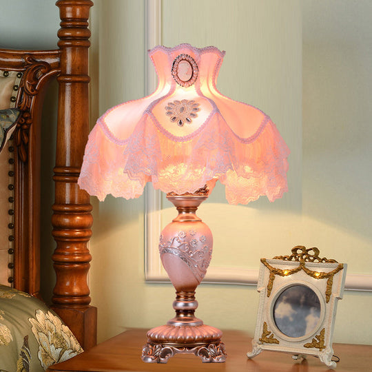 Korean Pink Flower Vase Table Lamp: Elegant Resin Design Nightstand Light With Lace Trim