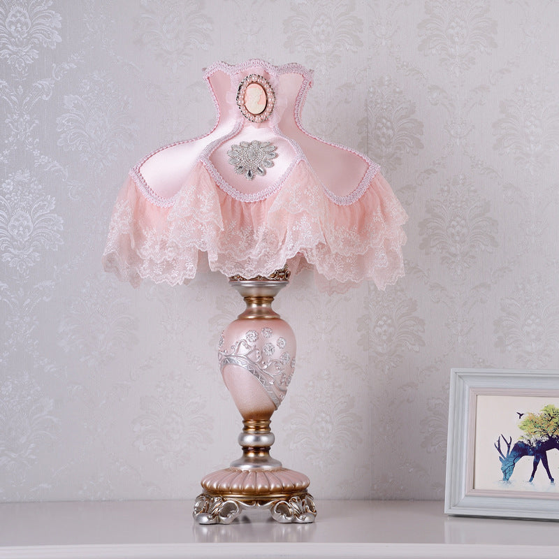 Korean Pink Flower Vase Table Lamp: Elegant Resin Design Nightstand Light With Lace Trim