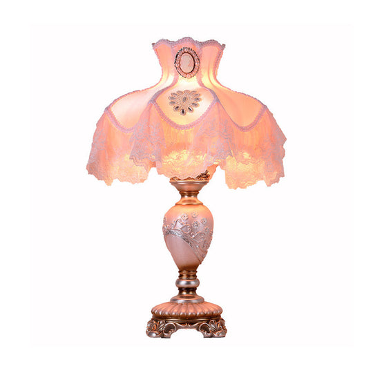 Korean Pink Flower Vase Table Lamp: Elegant Resin Design Nightstand Light With Lace Trim