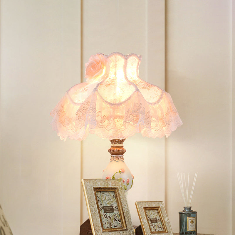 Modern 1-Light Beige Night Lamp With Lace Trim Fabric Shade & Carved Base