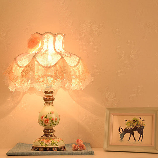 Modern 1-Light Beige Night Lamp With Lace Trim Fabric Shade & Carved Base