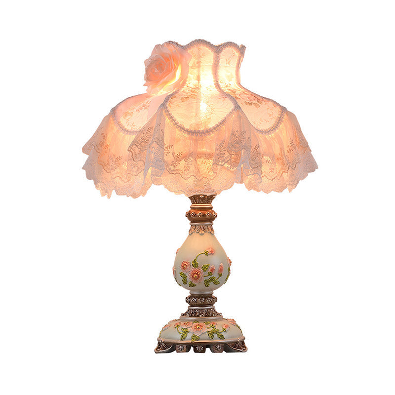 Modern 1-Light Beige Night Lamp With Lace Trim Fabric Shade & Carved Base