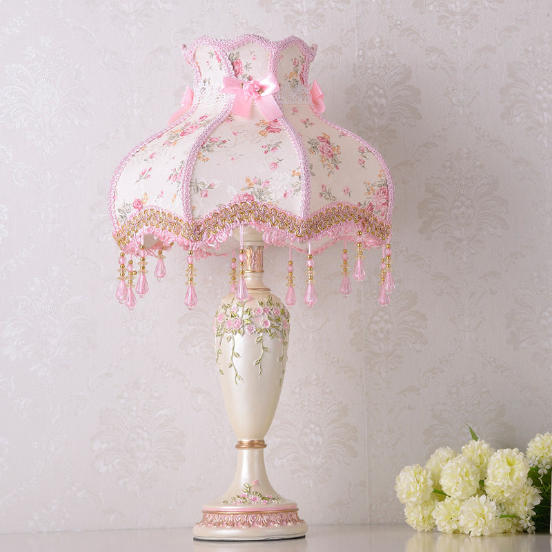 Pastoral Pink Resin Vase Nightstand Lamp With Braided Trim And Drape