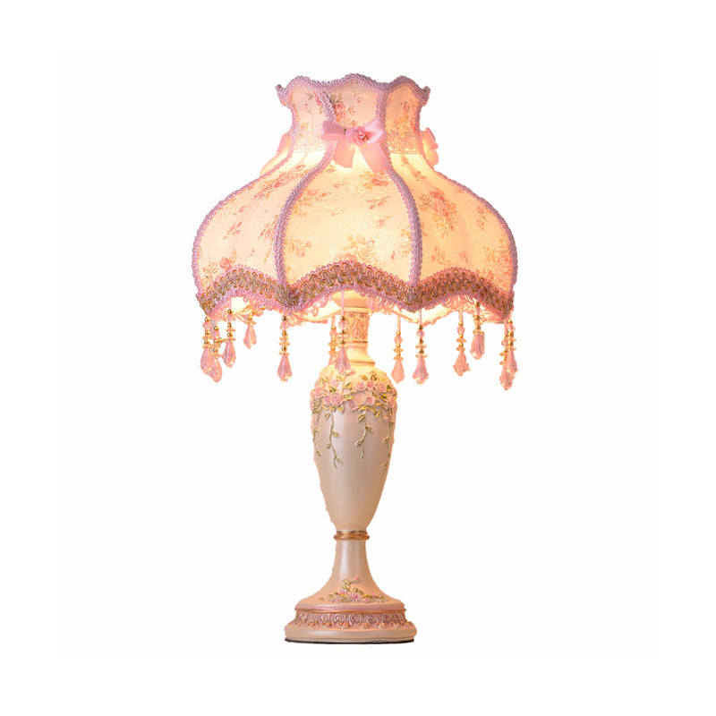 Pastoral Pink Resin Vase Nightstand Lamp With Braided Trim And Drape