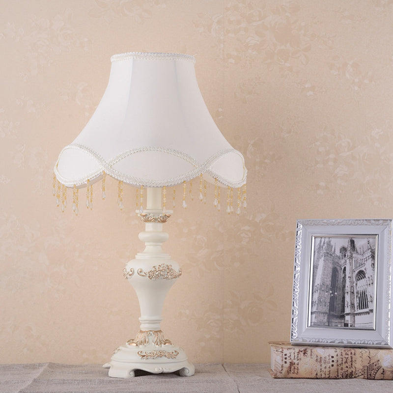 Vintage Resin Urn Nightstand Lamp - White 1-Light Night Table Light With Fabric Shade And Drape