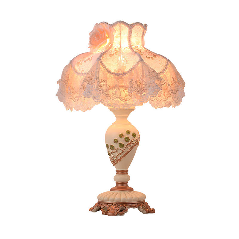 Pastoral Beige Table Lamp: Elegant 1-Bulb Night Light With Vase Resin Base And Lace Trim