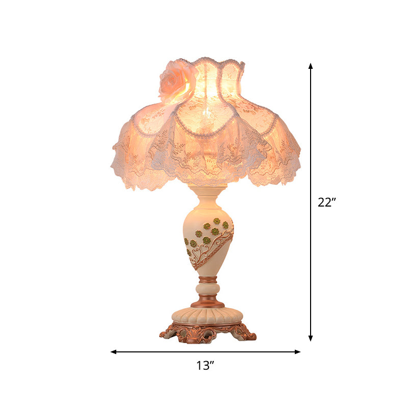 Pastoral Beige Table Lamp: Elegant 1-Bulb Night Light With Vase Resin Base And Lace Trim