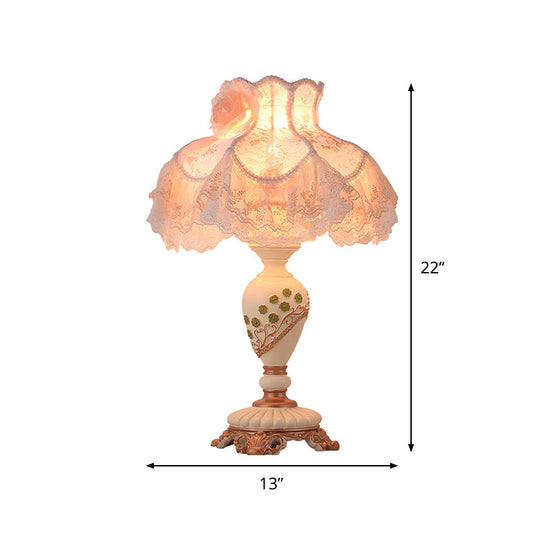 Pastoral Beige Table Lamp: Elegant 1-Bulb Night Light With Vase Resin Base And Lace Trim