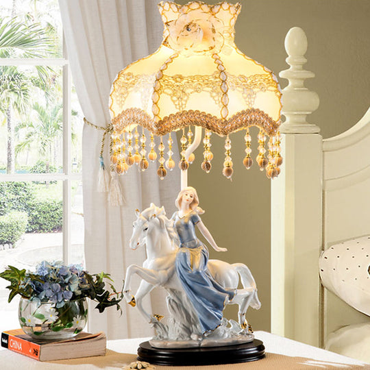 Retro Wave Edge Table Lamp With Ceramic Woman And Horse Decor - White Night Light