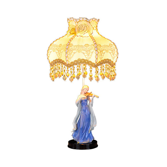 Vintage Beige Night Light With Ceramic Woman Design - Fabric Wave Trim Table Lighting