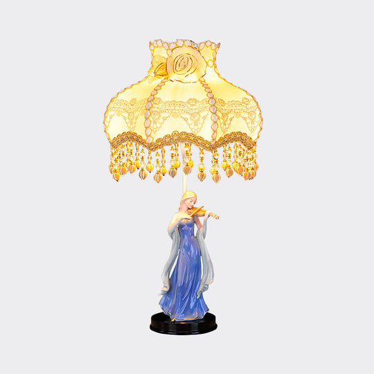 Vintage Beige Night Light With Ceramic Woman Design - Fabric Wave Trim Table Lighting