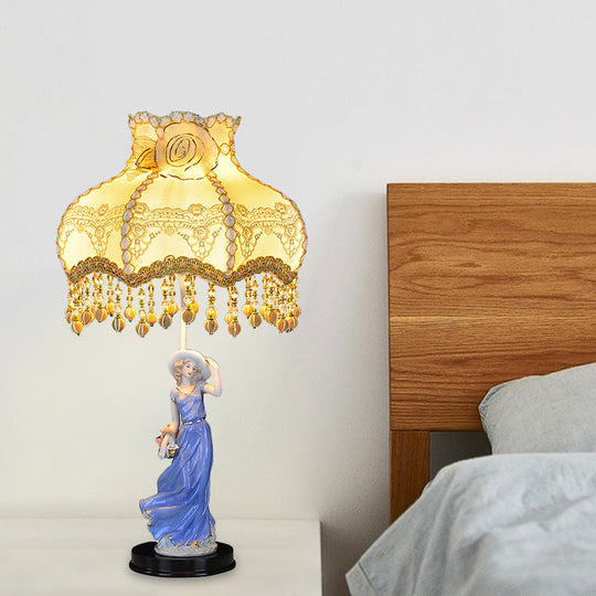 Pastoral Ceramic Woman Night Light - Beige Table Lamp With Fabric Shade