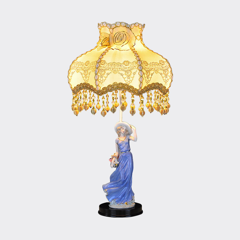 Pastoral Ceramic Woman Night Light - Beige Table Lamp With Fabric Shade