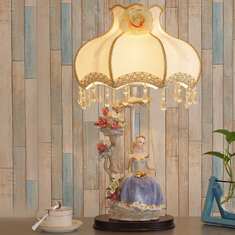 Romantic Beige Ceramic Figure Night Lamp With Scalloped Fabric Shade - Bedroom Table Light