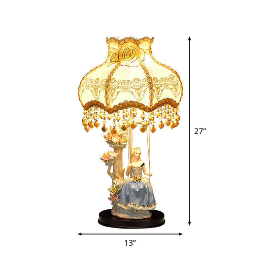 Romantic Beige Ceramic Figure Night Lamp With Scalloped Fabric Shade - Bedroom Table Light