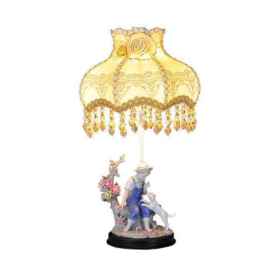 Beige Ruffle Edge Nightstand Lamp - Pastoral 1-Light Fabric Night Light With Ceramic Boy And Dog