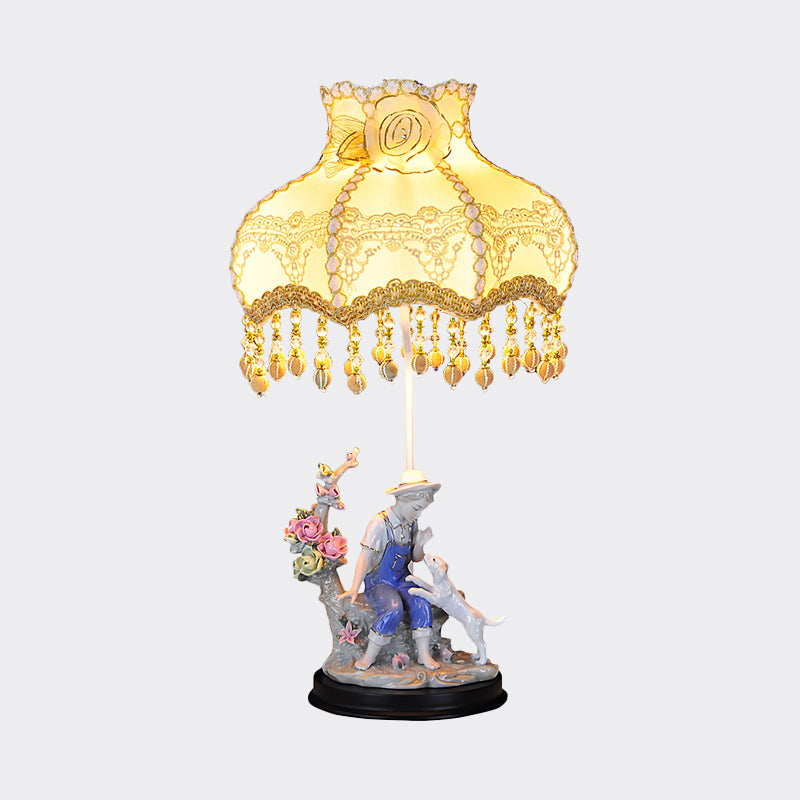 Beige Ruffle Edge Nightstand Lamp - Pastoral 1-Light Fabric Night Light With Ceramic Boy And Dog