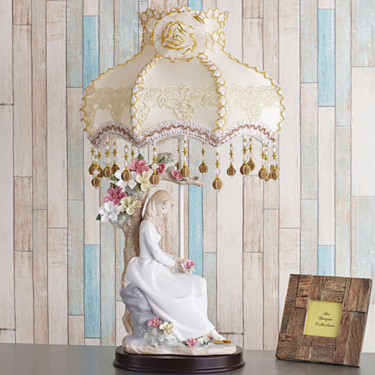 Charming Ceramic Girl Night Light Countryside Single Beige Table Lamp With Fabric Shade And Pendant