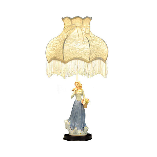 White Countryside Table Lamp With Fabric Shade & Ceramic Girl Decor - Single Bedroom Night Light