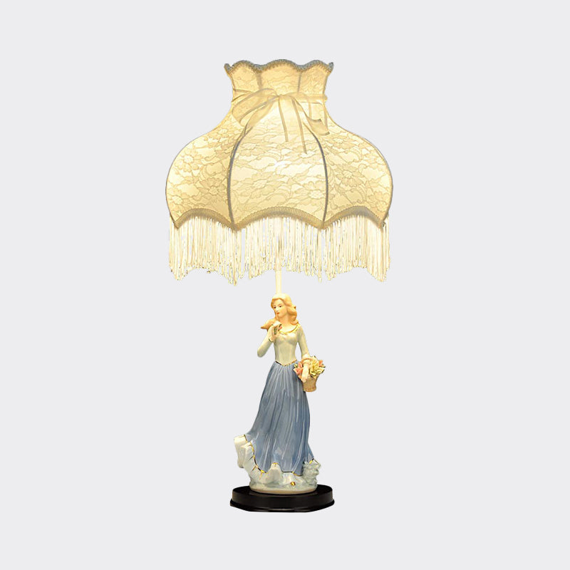 White Countryside Table Lamp With Fabric Shade & Ceramic Girl Decor - Single Bedroom Night Light