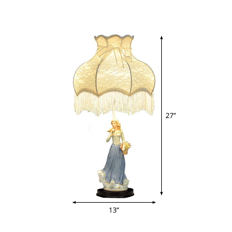 White Countryside Table Lamp With Fabric Shade & Ceramic Girl Decor - Single Bedroom Night Light