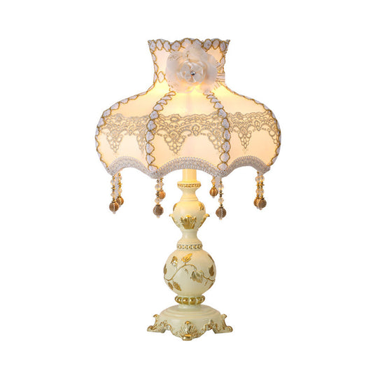 Romantic Pastoral Beige Nightstand Lamp With Braided Trim And Resin Base