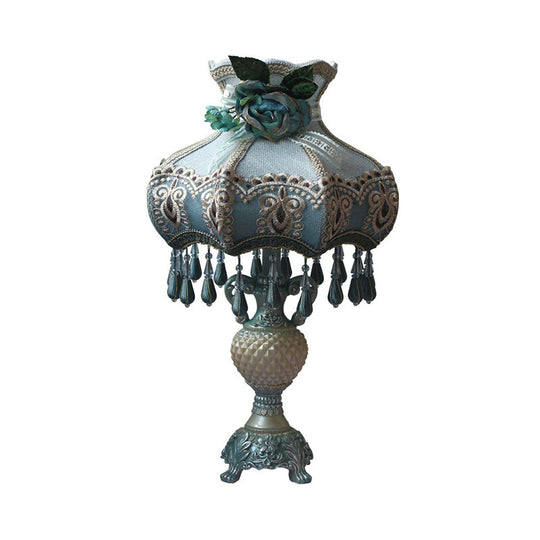 Vintage Peacock Blue Vase Night Light With Fabric Shade - Resin Nightstand Lighting (1 Bulb)