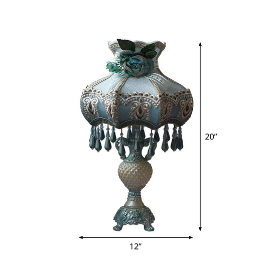 Vintage Peacock Blue Vase Night Light With Fabric Shade - Resin Nightstand Lighting (1 Bulb)