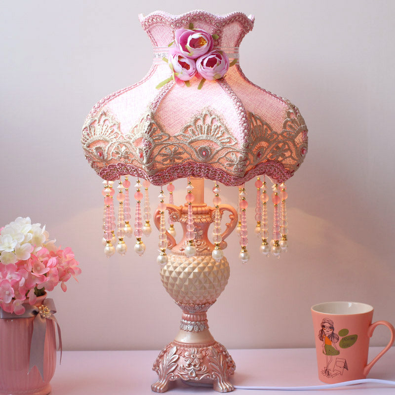 Pastoral Pink Beaded Nightstand Lamp With Urn Resin Base - 1 Bulb Table Light For Bedroom