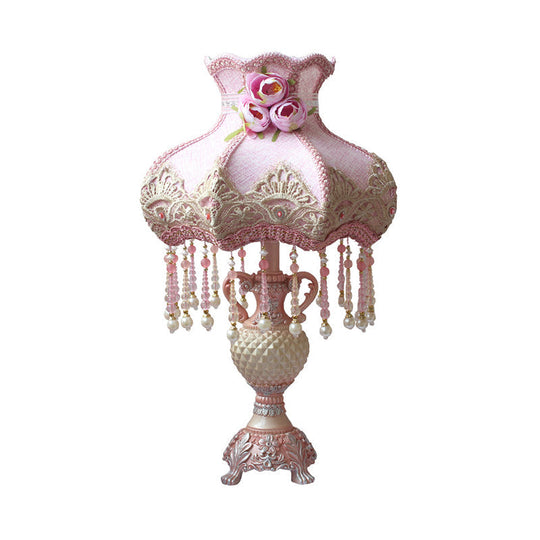 Pastoral Pink Beaded Nightstand Lamp With Urn Resin Base - 1 Bulb Table Light For Bedroom