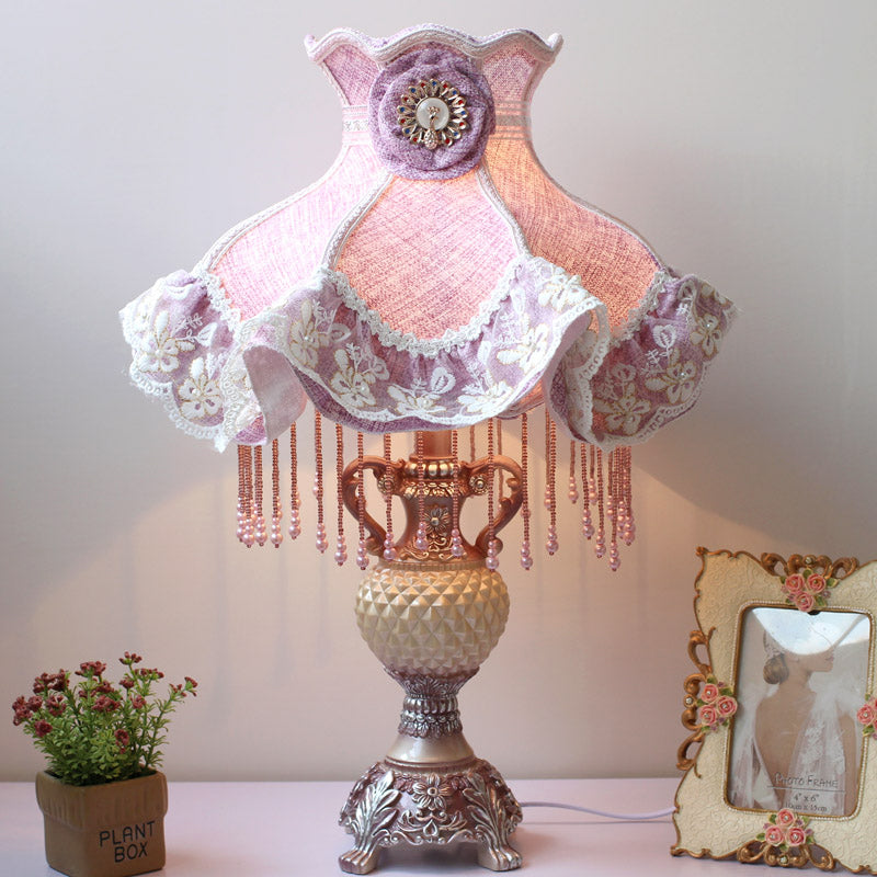 French Lace Trim Night Lamp Fabric Bedroom Table Light - Purple With Resin Vase Base Single Bulb