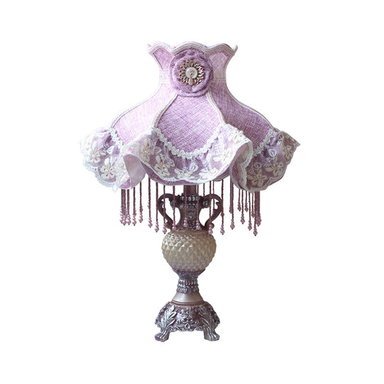 French Lace Trim Night Lamp Fabric Bedroom Table Light - Purple With Resin Vase Base Single Bulb