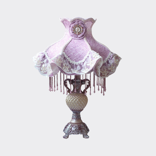 French Lace Trim Night Lamp Fabric Bedroom Table Light - Purple With Resin Vase Base Single Bulb