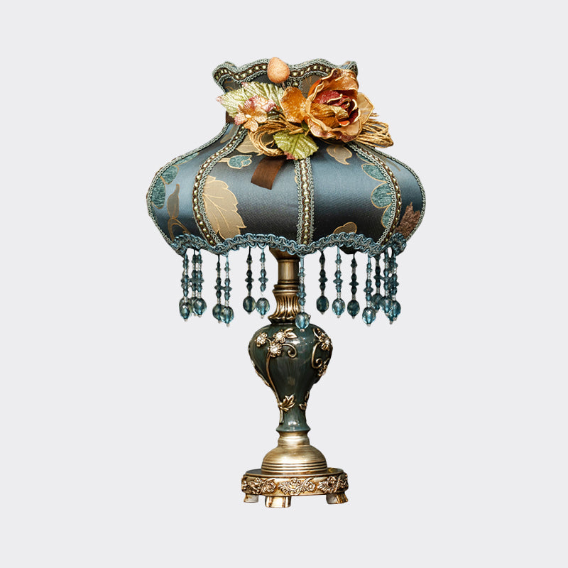 Dark Blue Vintage Urn Resin Night Light Table Lamp With Carved Design And Fabric Shade