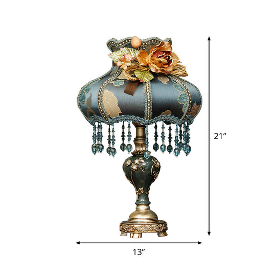 Dark Blue Vintage Urn Resin Night Light Table Lamp With Carved Design And Fabric Shade