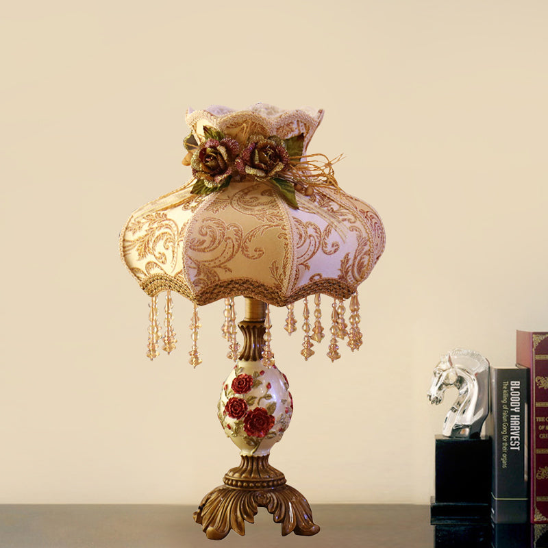 Luxury Coffee Vase Table Lamp With Fabric Shade And Crystal Drop - Resin Nightstand Light