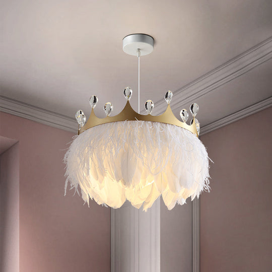 Nordic Crown Feather Pendant Light With Clear Crystal Accent - Gold