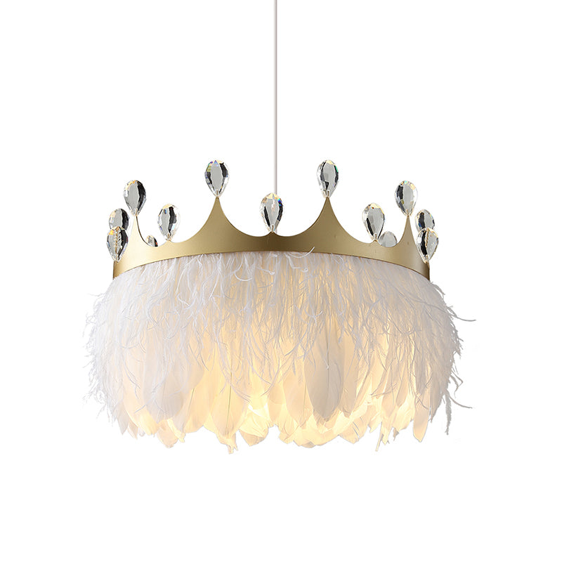 Nordic Crown Feather Pendant Light With Clear Crystal Accent - Gold