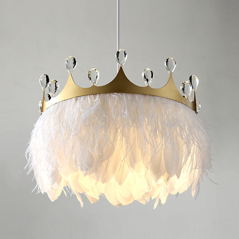 Bronte- Crown Crown Feather Pendant Light Nordic 1 Head Gold Hanging Lamp with Clear Crystal Accent