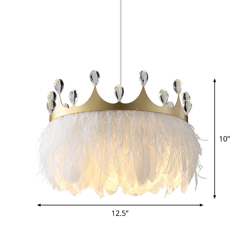 Nordic Crown Feather Pendant Light With Clear Crystal Accent - Gold