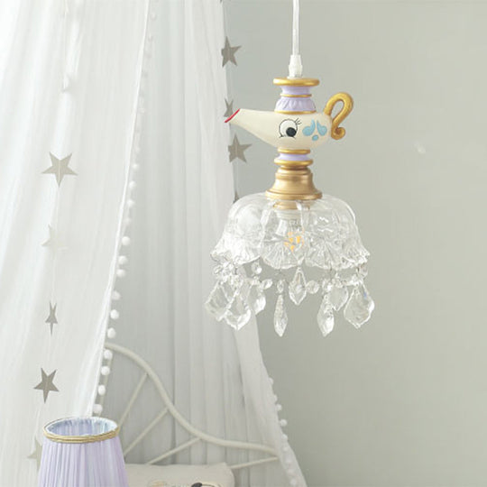 White Teapot Pendant Kids Light - Clear Glass Hanging Ceiling For Bedroom 1 /