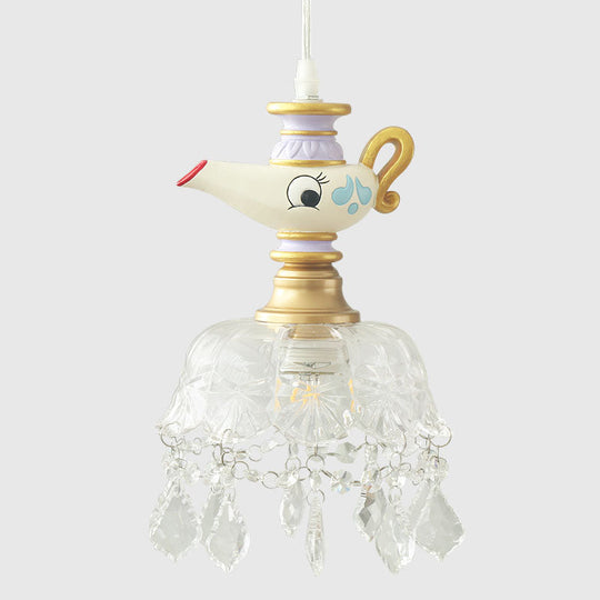 White Teapot Pendant Kids Light - Clear Glass Hanging Ceiling For Bedroom