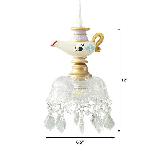 White Teapot Pendant Kids Light - Clear Glass Hanging Ceiling For Bedroom