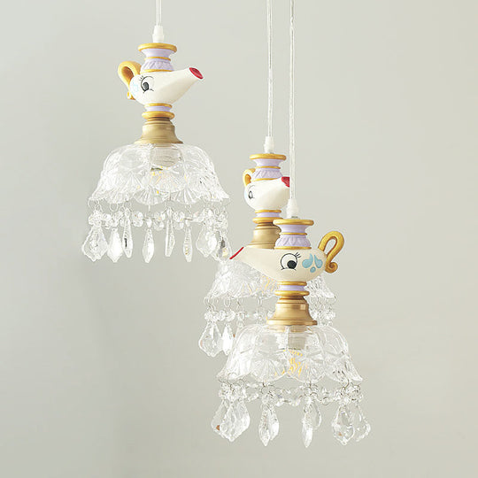 White Teapot Pendant Kids Light - Clear Glass Hanging Ceiling For Bedroom