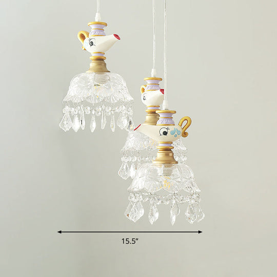 White Teapot Pendant Kids Light - Clear Glass Hanging Ceiling For Bedroom