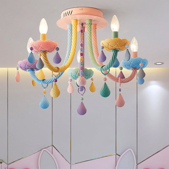 Macaron Candelabra Semi-Flush Mount Ceiling Light with 5/6 Metal Lights in Blue-Pink-Yellow for Bedrooms