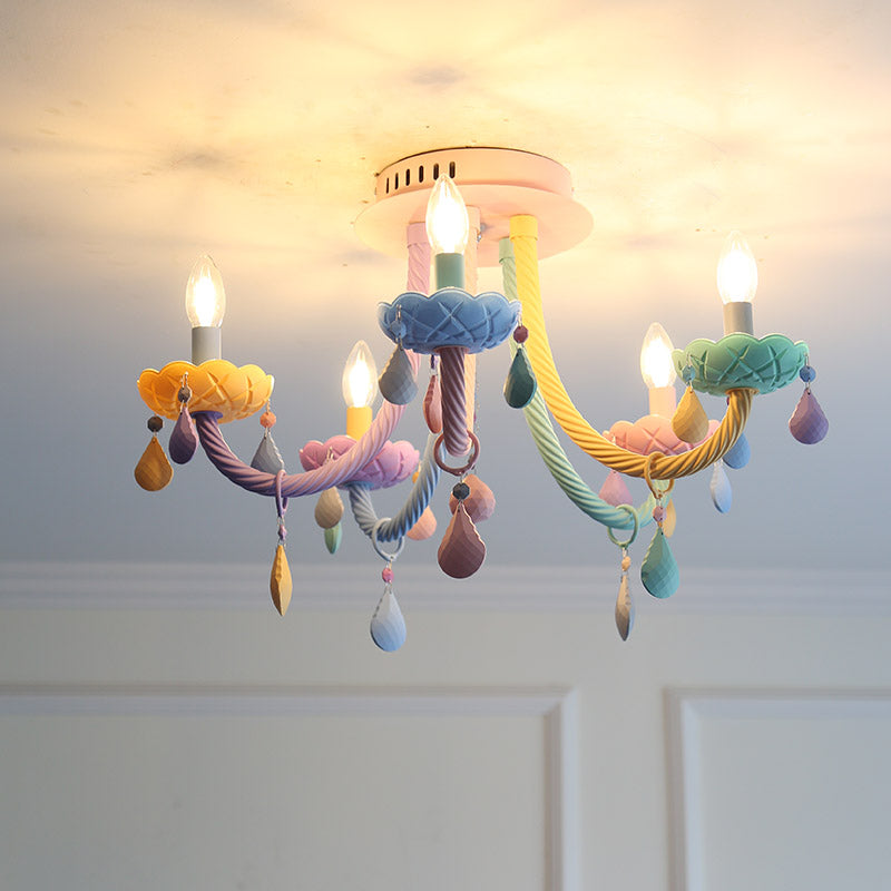 Macaron Candelabra Semi-Flush Mount Ceiling Light with 5/6 Metal Lights in Blue-Pink-Yellow for Bedrooms