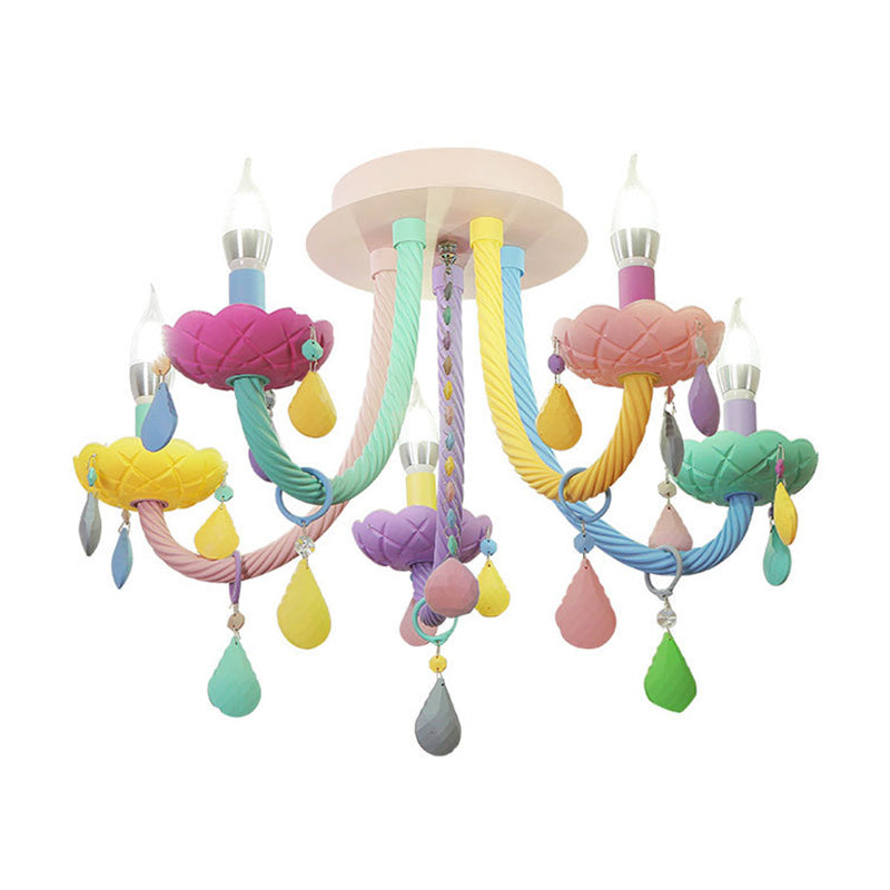 Macaron Candelabra Semi-Flush Mount Ceiling Light with 5/6 Metal Lights in Blue-Pink-Yellow for Bedrooms